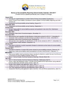 Bureau of Accountability Reporting School Grades Calendar, Timeline will be updated periodically and is subject to change) August 2016 • Final day for superintendents to confirm District Primary Accountabili