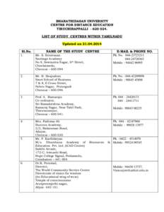 BHARATHIDASAN UNIVERSITY CENTRE FOR DISTANCE EDUCATION TIRUCHIRAPPALLI[removed]LIST OF STUDY CENTRES WITHIN TAMILNADU Updated on[removed]Sl.No.