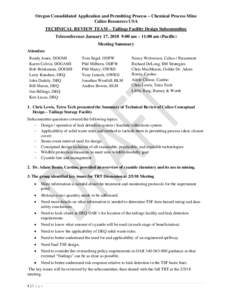 Oregon Consolidated Application and Permitting Process – Chemical Process Mine Calico Resources USA TECHNICAL REVIEW TEAM – Tailings Facility Design Subcommittee Teleconference January 17, 2018 9:00 am – 11:00 am (