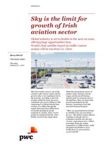 www.pwc.ie  Sky is the limit for growth of Irish aviation sector Global industry is set to double in the next 20 years,