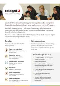 Catalyst Open Source Academy provides a pathway for young New Zealand technologists to learn, grow and progress in their IT careers. Speciﬁcally designed to cover a wide range of open source skills, the Academy prepare