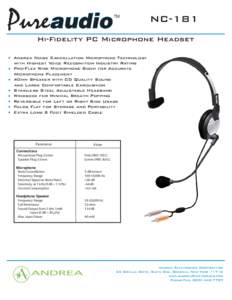 NC-181 Hi-Fidelity PC Microphone Headset · Andrea Noise Cancellation Microphone Technology with Highest Voice Recognition Industry Rating · Pro-Flex Wire Microphone Boom for Accurate Microphone Placement