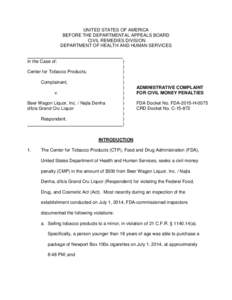 Administrative Complaint For Civil Money Penalties FDA Docket No. FDA-2015-H-0075 CRD Docket No. C
