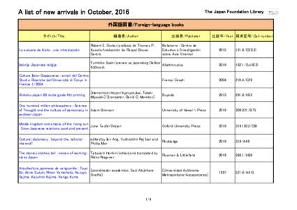 A list of new arrivals in October, 2016  The Japan Foundation Library 外国語図書/Foreign-language books タイトル/Title