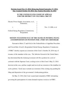 Decision Issued May 23, 2014; Rehearing Denied September 17, 2014; Stay Granted October 20, 2014; Stay Expires December 16, 2014 IN THE UNITED STATES COURT OF APPEALS FOR THE DISTRICT OF COLUMBIA CIRCUIT  Electric Power 