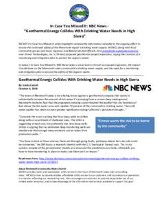In Case You Missed It: NBC News “Geothermal Energy Collides With Drinking Water Needs in High Sierra” MCWD’s In Case You Missed It series highlights noteworthy information valuable to the ongoing effort to ensure t