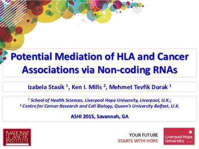 Potential Mediation of HLA and Cancer Associations via Non-coding RNAs Izabela Stasik 1, Ken I. Mills 2, Mehmet Tevfik Dorak 1 1  School of Health Sciences, Liverpool Hope University, Liverpool, U.K.;