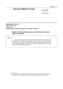 Report of the Special Rapporteur on the situation of human rights in Myanmar in English