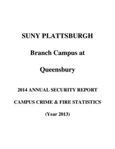 SUNY PLATTSBURGH Branch Campus at Queensbury 2014 ANNUAL SECURITY REPORT CAMPUS CRIME & FIRE STATISTICS (Year 2013)