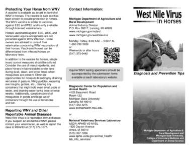 Protecting Your Horse from WNV A vaccine is available as an aid in control of WNV in horses. The vaccine is safe and has been shown to provide protection in horses. The WNV vaccine is similar to vaccines against EEE and 
