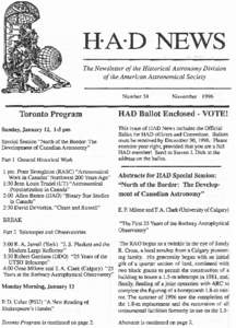 HAmDNEWS The Newsletter of the Historical Astronomy Division of the American Astronomical Society Number 38  Toronto Program