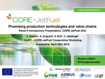 www.core-jetfuel.eu  Promising production technologies and value chains Panel-II Introductory Presentation, CORE-JetFuel (EU) A. Sizmann1, A. Quignard2, A. Roth1, C. Jessberger1 CAAFI – CORE-JetFuel Cooperation Worksho