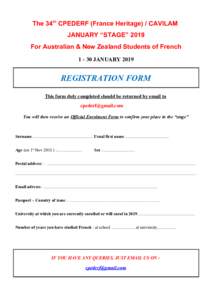 The 34th CPEDERF (France Heritage) / CAVILAM JANUARY “STAGE” 2019 For Australian & New Zealand Students of FrenchJANUARYREGISTRATION FORM