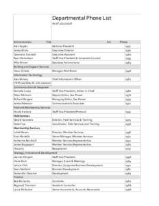 Departmental Phone List As ofAdministration Alan Kaplan James Bruns
