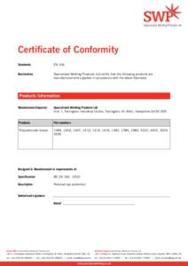 Specialised Welding Products Ltd  Certificate of Conformity Standards	  EN 166