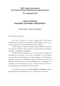 XIIIe Congrès international de la Société d’Études Kantiennes de Langue Françaiseseptembre 2017 « Kant et l’humain : Géographie, psychologie, anthropologie »