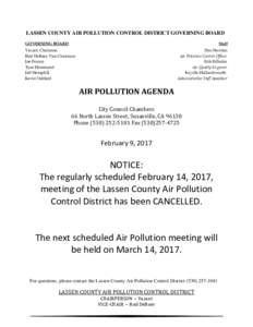 LASSEN COUNTY AIR POLLUTION CONTROL DISTRICT GOVERNING BOARD GOVERNING BOARD Staff  Vacant, Chairman