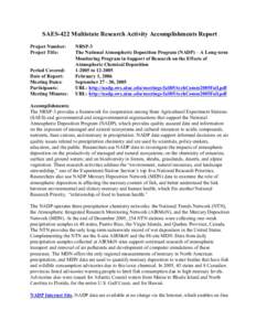 SAES-422 Multistate Research Activity Accomplishments Report Project Number: Project Title: Period Covered: Date of Report: