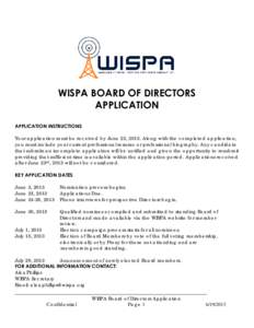 WISPA BOARD OF DIRECTORS APPLICATION APPLICATION INSTRUCTIONS Your application must be received by June 23, 2013. Along with the completed application, you must include your current professional resume or professional bi