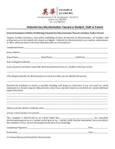 1616 Buchanan St NE, Minneapolis, MNphone: fax: Unlawful Sex Discrimination Toward a Student, Staff or Parent General Statement of Policy Prohibiting Unlawful Sex Discrimination Toward a 