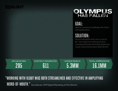 GOAL:  Increase awareness for Olympus Has Fallen with earned media  SOLUTION: