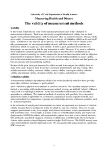 University of York Department of Health Sciences  Measuring Health and Disease The validity of measurement methods Validity
