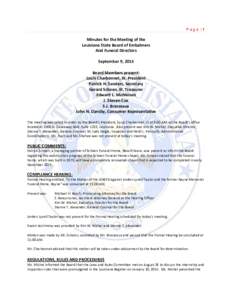 Page |1  Minutes for the Meeting of the Louisiana State Board of Embalmers And Funeral Directors September 9, 2015