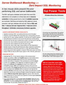 LOW, LOW, LOW AGENTLESS MONITORING OVERHEAD  Server Bottleneck Monitoring with Zero Impact SQL Monitoring In two mouse clicks pinpoint the poor performing SQL and server bottlenecks