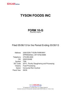 TYSON FOODS INC  FORM 10-Q (Quarterly Report)