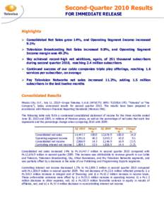 Second-Quarter 2010 Results FOR IMMEDIATE RELEASE Highlights  Consolidated Net Sales grew 14%, and Operating Segment Income increased 9.1%
