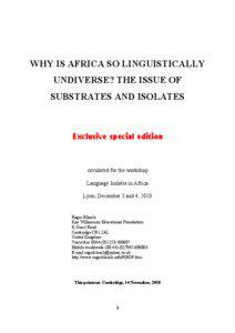 WHY IS AFRICA SO LINGUISTICALLY UNDIVERSE? THE ISSUE OF SUBSTRATES AND ISOLATES