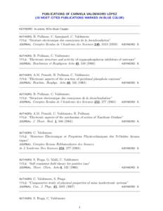 ´ PUBLICATIONS OF CARMELA VALDEMORO LOPEZ (10 MOST CITED PUBLICATIONS MARKED IN BLUE COLOR) KEYWORD: A=article, BCh=Book Chapter. AUTHORS: B. Pullman, C. Spanjaard, C. Valdemoro