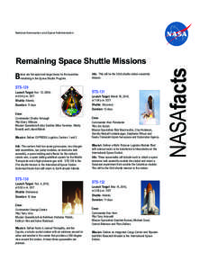 National Aeronautics and Space Administration  B elow are the approved target dates for the launches remaining in the Space Shuttle Program.