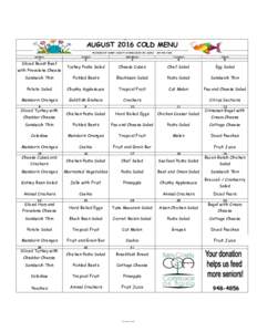 AUGUST 2016 COLD MENU PROVIDED BY BARRY COUNTY COMMISSION ON AGING MONDAY