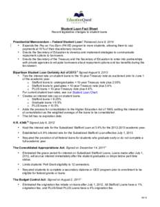 Student Loan Fact Sheet Recent legislative changes to student loans Presidential Memorandum – Federal Student Loan:i Released June 9, 2014 • Expands the Pay as You Earn (PAYE) program to more students, allowing them 