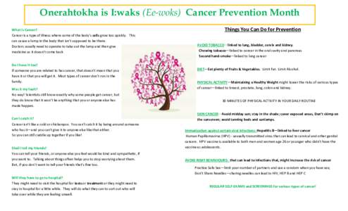 Onerahtokha is I:waks (Ee-woks) Cancer Prevention Month What is Cancer? Cancer is a type of illness where some of the body’s cells grow too quickly. This can cause a lump in the body that isn’t supposed to be there. 