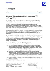 Release 18th July 2012 London  Deutsche Bank launches next generation FX