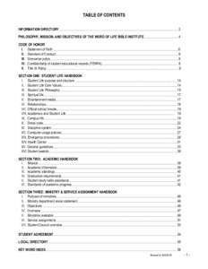 TABLE OF CONTENTS INFORMATION DIRECTORY…………………………………………………………………………………….…………..…… 2 PHILOSOPHY, MISSION, AND OBJECTIVES OF THE WORD OF LIFE BIBLE