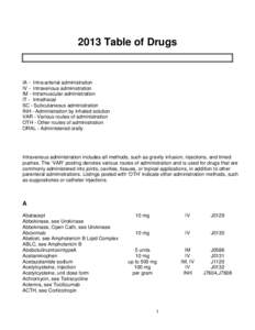 2013 Table of Drugs  IA - Intra-arterial administration IV - Intravenous administration IM - Intramuscular administration IT - Intrathecal