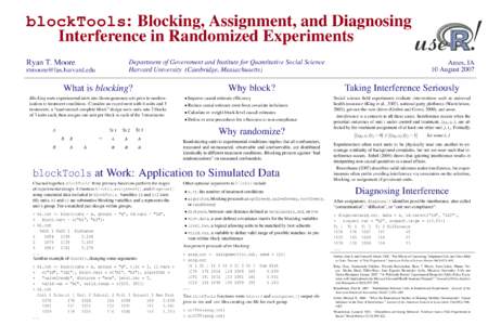 blockTools: Blocking, Assignment, and Diagnosing Interference in Randomized Experiments Ryan T. Moore Department of Government and Institute for Quantitative Social Science Harvard University (Cambridge, Massachusetts)