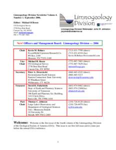 Limnogeology Division Newsletter Volume 4. Number 1. SeptemberEditor: Michael R Rosen US Geological Survey 2730 Deer Run Road Carson City, NV 89701