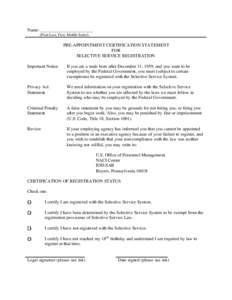 Pre-Appointment Certification Statement for Selective Service Registration