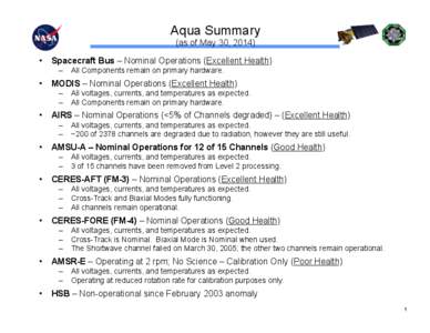 Aqua Summary (as of May 30, 2014) •  Spacecraft Bus – Nominal Operations (Excellent Health) ‒  All Components remain on primary hardware.  •  MODIS – Nominal Operations (Excellent Health)