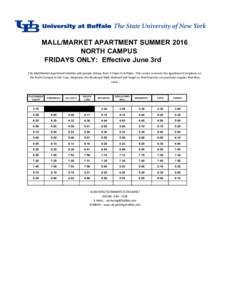 MALL/MARKET APARTMENT SUMMER 2016 NORTH CAMPUS FRIDAYS ONLY: Effective June 3rd The	Mall/Market	Apartment	Shuttles	will	operate	Fridays	from	3:15pm	to	9:00pm.		This	service	connects	the	Apartment	Complexes	on	 the	North	