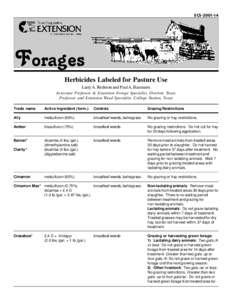 SCSForages Herbicides Labeled for Pasture Use Larry A. Redmon and Paul A. Baumann Associate Professor & Extension Forage Specialist, Overton, Texas