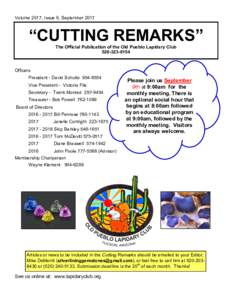 Volume 2017, Issue 9, September 2017  “CUTTING REMARKS” The Official Publication of the Old Pueblo Lapidary Club
