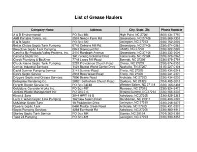 List of Grease Haulers Company Name A & D Environmental A&B Portable Toilets, Inc. B & B Septic Better Choice Septic Tank Pumping