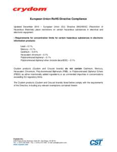 European Union RoHS Directive Compliance Updated December 2010 – European Union (EU) DirectiveEC (Restriction of Hazardous Materials) place restrictions on certain hazardous substances in electrical and electr