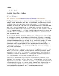 OPINION[removed]:39 Yucca Mountain redux By Victor Gilinsky (1) Note: This article was posted Bulletin of the Atomic Scientists in November 2014