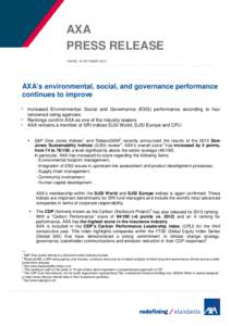 AXA PRESS RELEASE PARIS, 16 OCTOBER 2013 AXA’s environmental, social, and governance performance continues to improve